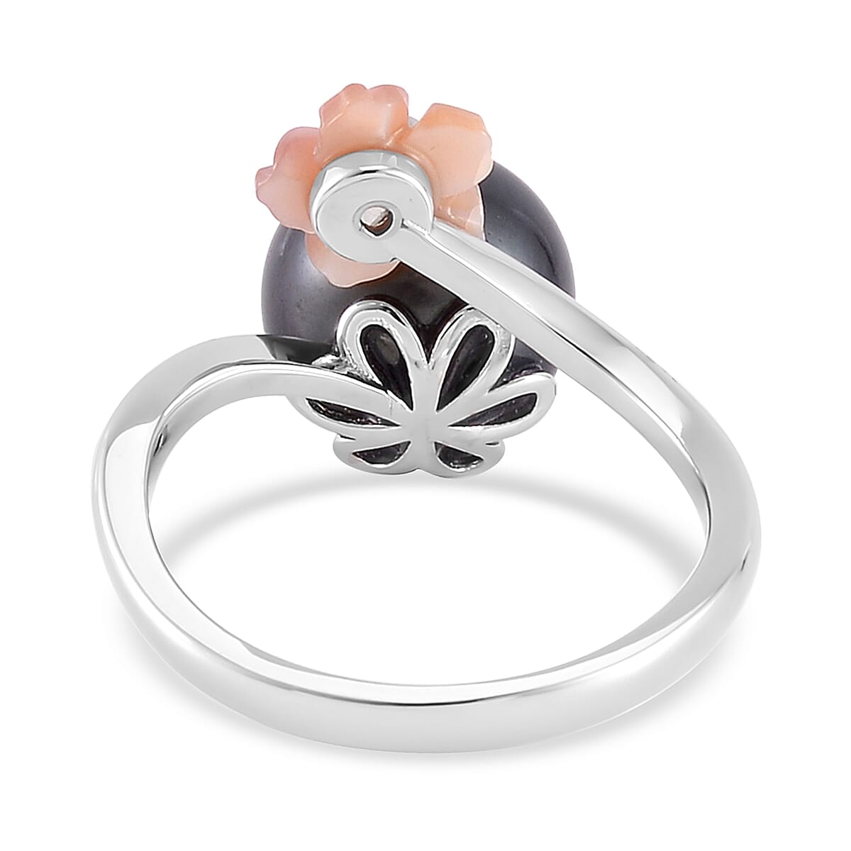 Tahitian Cultured Pearl, Chrome Diopside and Purple Mother of Pearl Carved Cosmos Floral Ring in Rhodium Over Sterling Silver (Size 10.0)