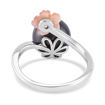 Tahitian Cultured Pearl, Chrome Diopside and Purple Mother of Pearl Carved Cosmos Floral Ring in Rhodium Over Sterling Silver (Size 10.0)