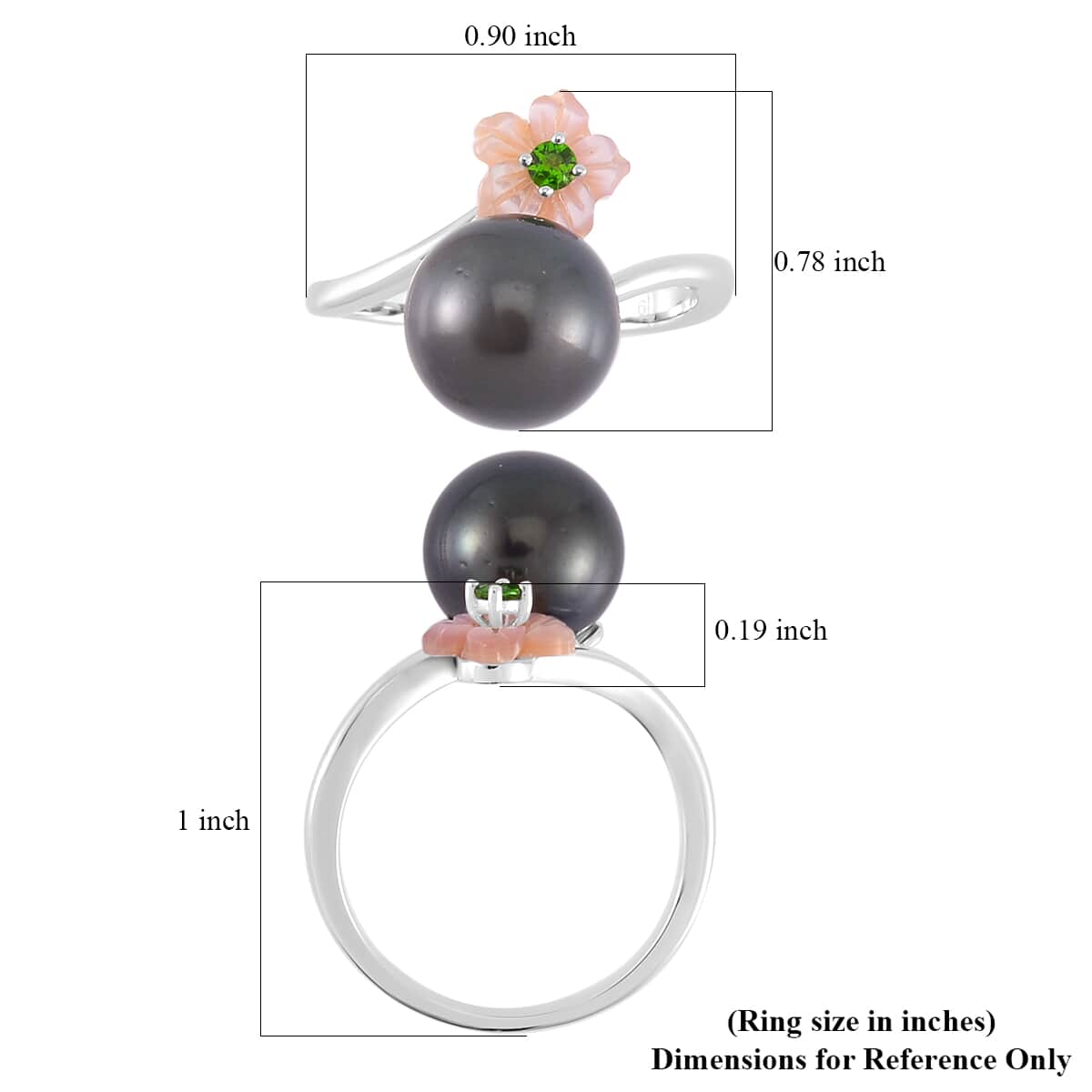 One Time Only Tahitian Cultured Pearl 11-12mm, Chrome Diopside, Purple Mother of Pearl Carved Floral Bypass Ring in Rhodium Over Sterling Silver (Size 10.0) image number 5