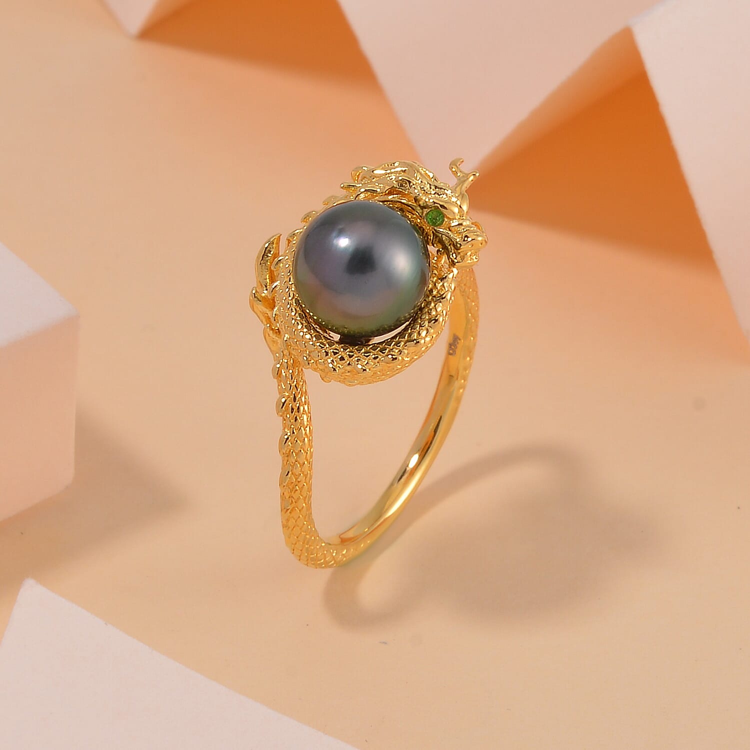 Tahitian Cultured Pearl and Chrome Diopside Dragon Ring in Vermeil Yellow Gold Over Sterling Silver (Size 10.0)