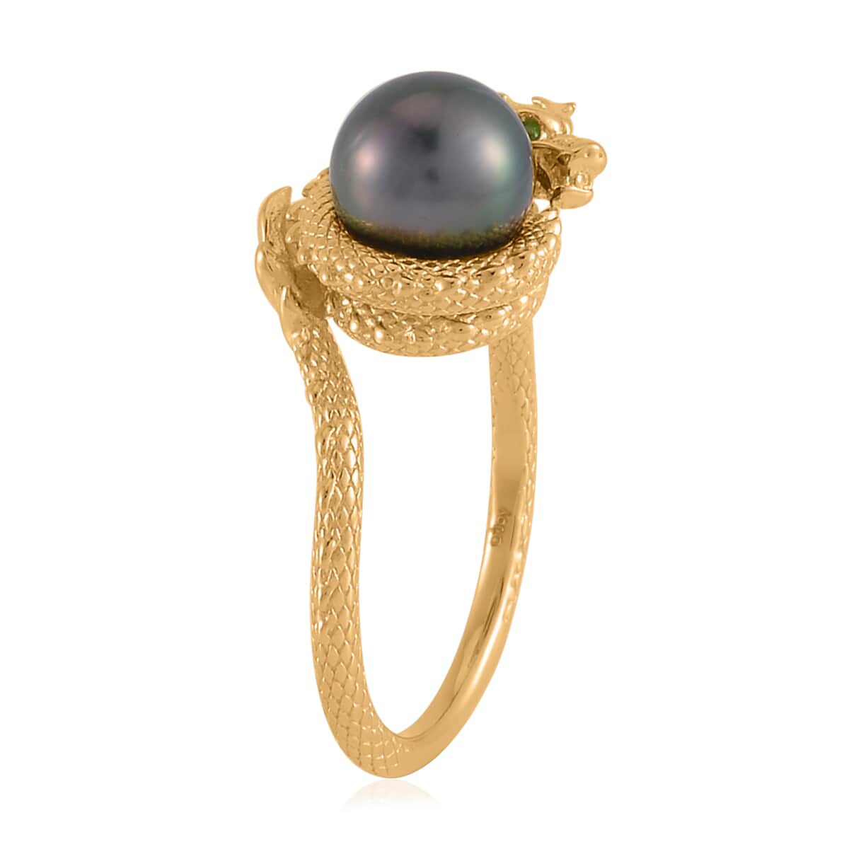 Tahitian Cultured Pearl and Chrome Diopside Dragon Ring in Vermeil Yellow Gold Over Sterling Silver (Size 10.0) image number 3