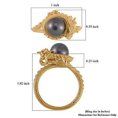 Tahitian Cultured Pearl and Chrome Diopside Dragon Ring in Vermeil Yellow Gold Over Sterling Silver (Size 10.0)