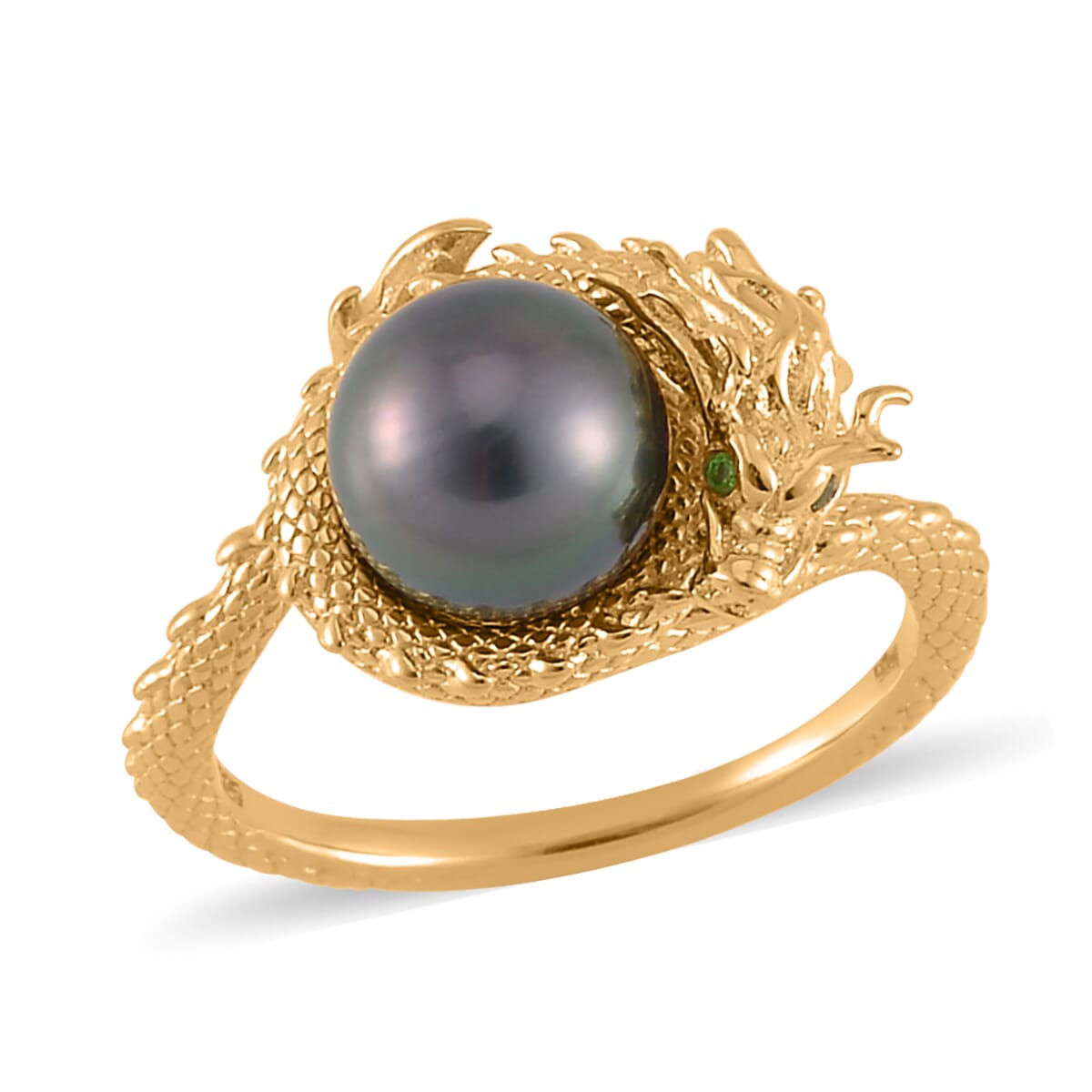 Tahitian Cultured Pearl and Chrome Diopside Dragon Ring in Vermeil Yellow Gold Over Sterling Silver (Size 7.0) image number 0