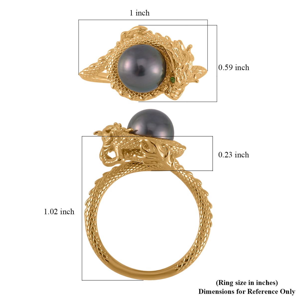 Tahitian Cultured Pearl and Chrome Diopside Dragon Ring in Vermeil Yellow Gold Over Sterling Silver (Size 7.0) image number 5