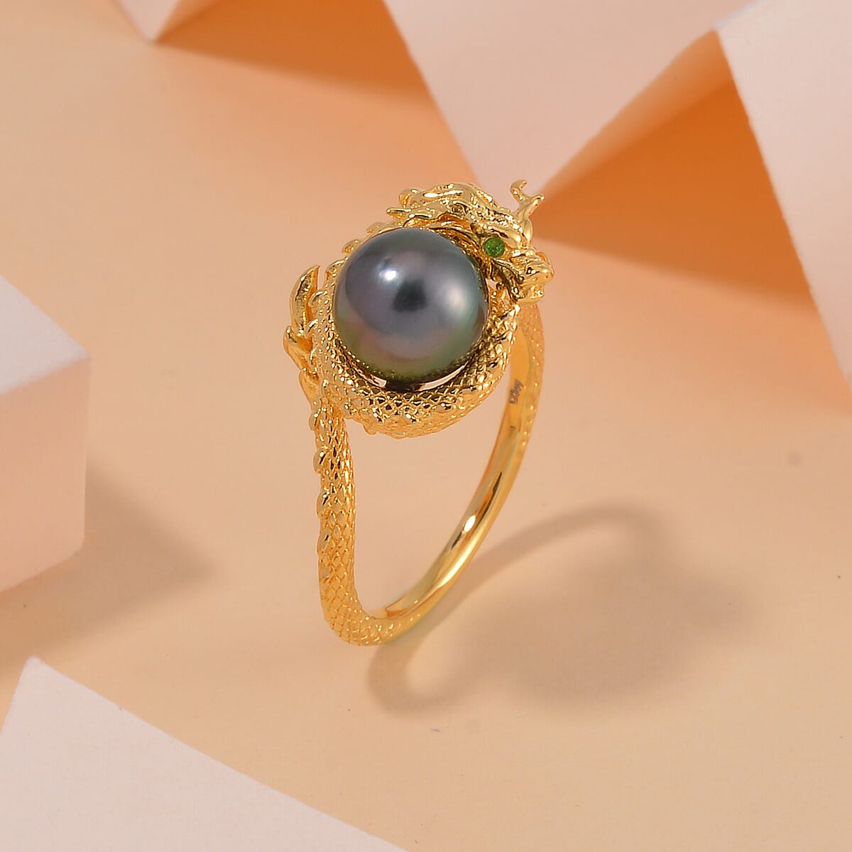Tahitian Cultured Pearl and Chrome Diopside Dragon Ring in Vermeil Yellow Gold Over Sterling Silver (Size 9.0) image number 1