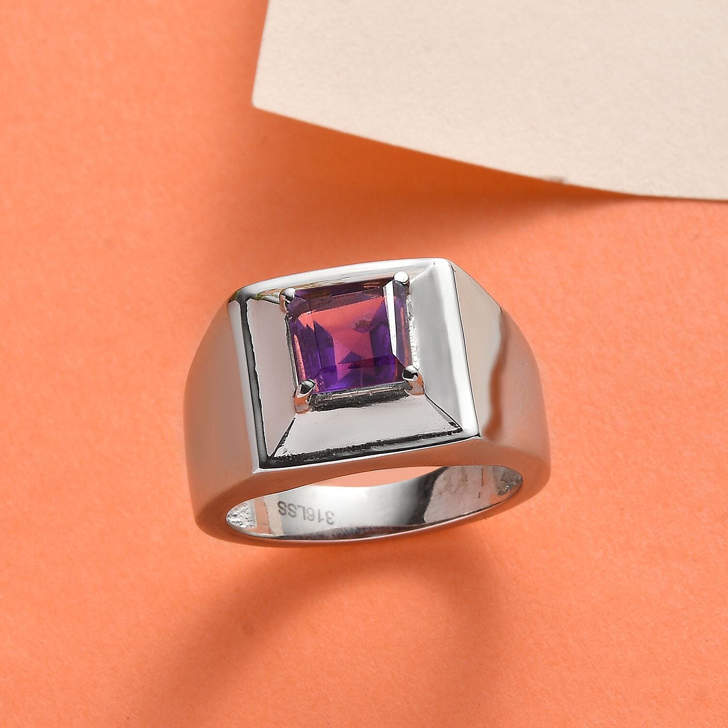African Amethyst Men's Ring in Stainless Steel (Size 10.0) 1.65 ctw