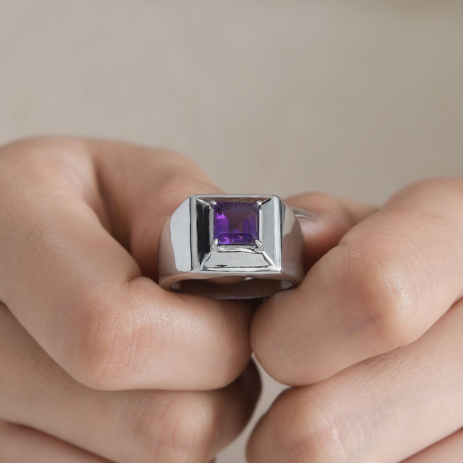 African Amethyst Men's Ring in Stainless Steel (Size 10.0) 1.65 ctw