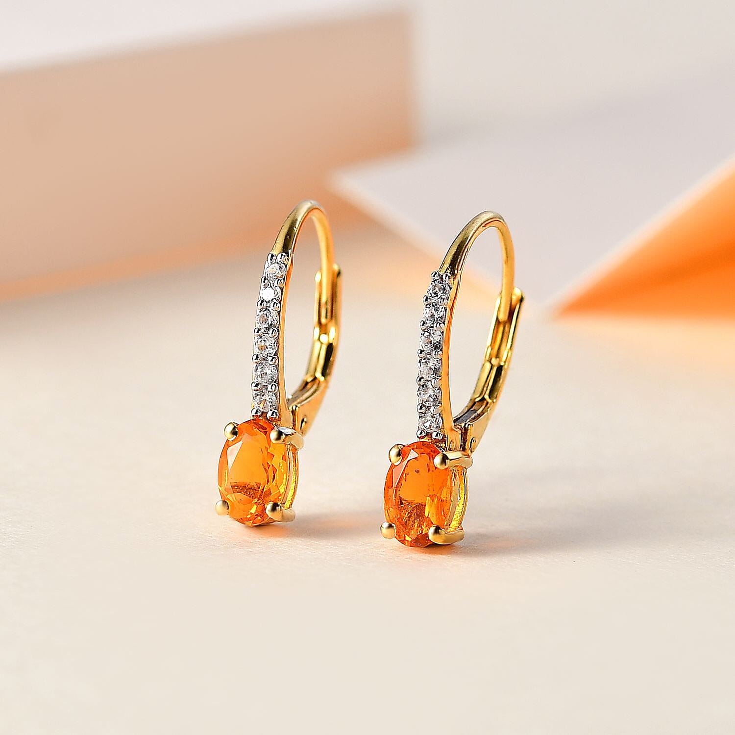 Fire Opal and White Zircon 1.05 ctw Earrings in 18K Vermeil Yellow Gold Over Sterling Silver