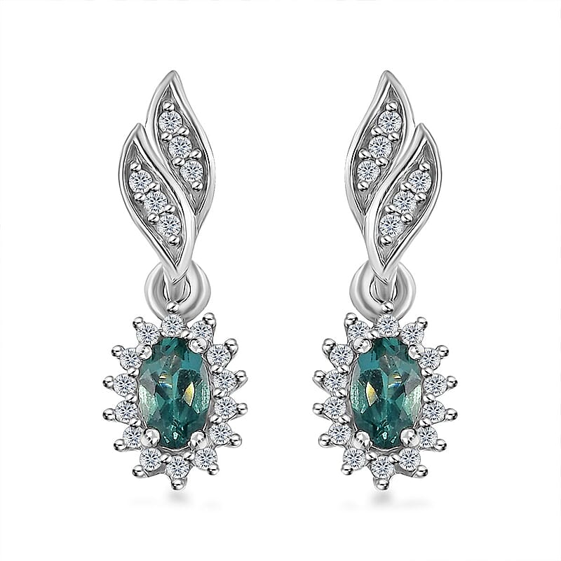 Indian Ocean Apatite and White Zircon Sunburst Earrings in Platinum Over Sterling Silver 0.85 ctw
