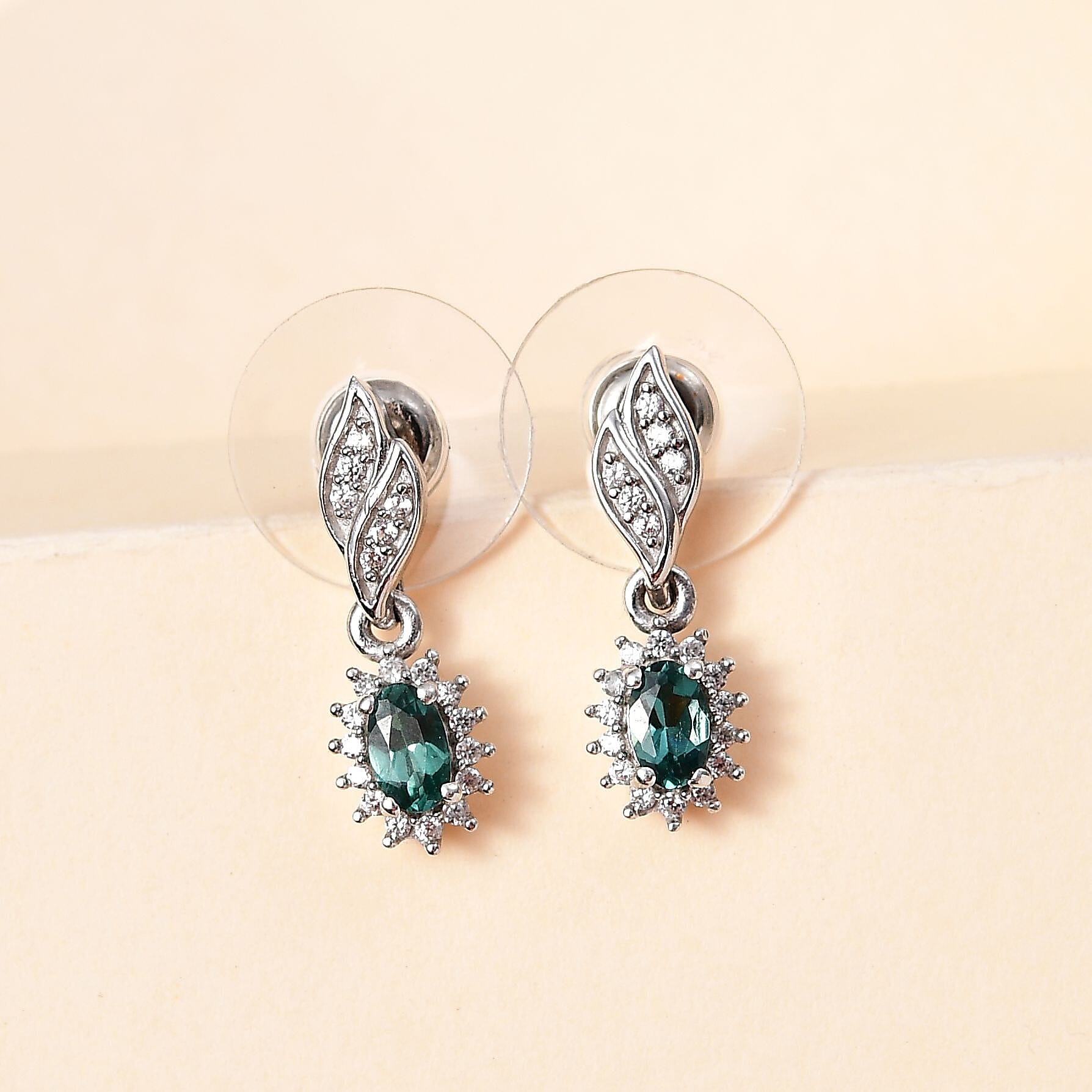 Indian Ocean Apatite and White Zircon Sunburst Earrings in Platinum Over Sterling Silver 0.85 ctw