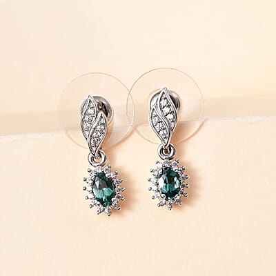 Indian Ocean Apatite and White Zircon Sunburst Earrings in Platinum Over Sterling Silver 0.85 ctw