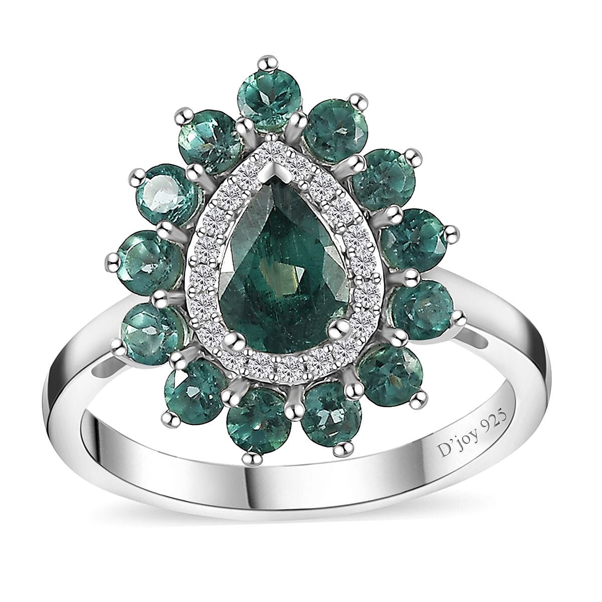 Indian Ocean Apatite and Moissanite Floral Ring in Platinum Over Sterling Silver (Size 10.0) 1.90 ctw