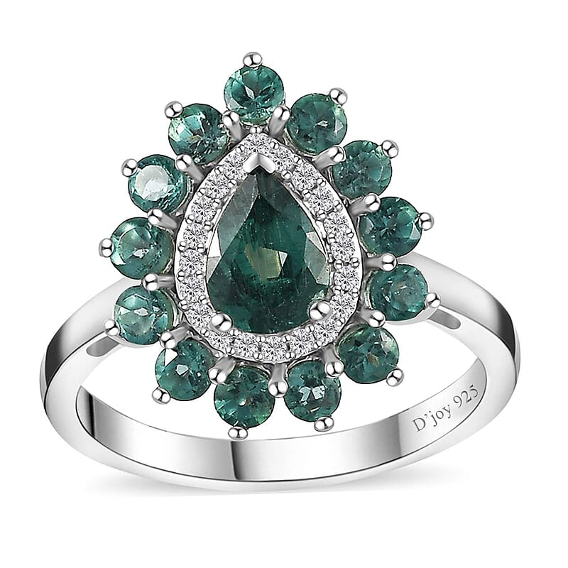 Indian Ocean Apatite and Moissanite Floral Ring in Platinum Over Sterling Silver (Size 10.0) 1.90 ctw