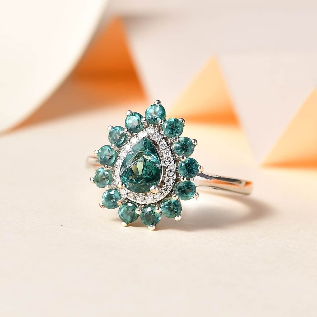 Indian Ocean Apatite, Moissanite Floral Ring in Platinum Over Sterling Silver (Size 10.0) 1.90 ctw image number 1