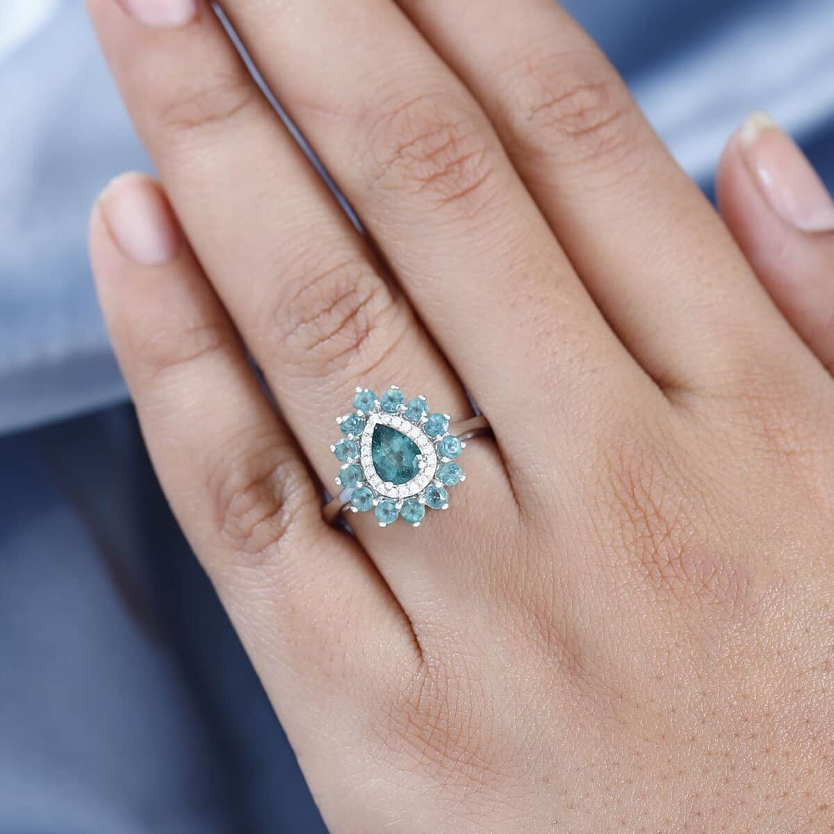 Indian Ocean Apatite, Moissanite Floral Ring in Platinum Over Sterling Silver (Size 10.0) 1.90 ctw image number 2