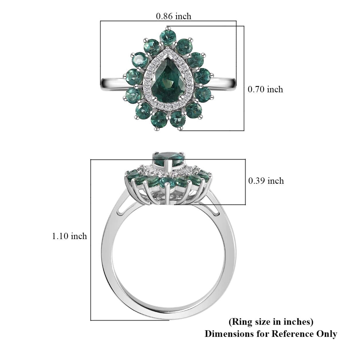 Indian Ocean Apatite, Moissanite Floral Ring in Platinum Over Sterling Silver (Size 10.0) 1.90 ctw image number 5