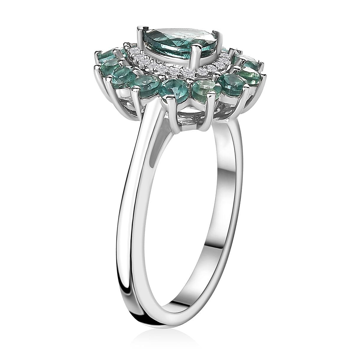 Indian Ocean Apatite and Moissanite Floral Ring in Platinum Over Sterling Silver (Size 9.0) 1.90 ctw image number 3