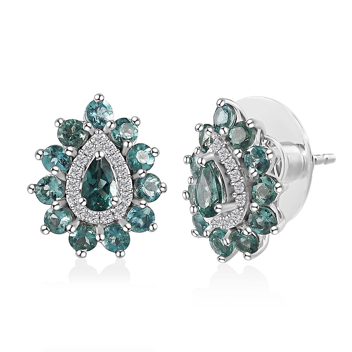 Indian Ocean Apatite and Moissanite Stud Earrings in Platinum Over Sterling Silver 2.35 ctw