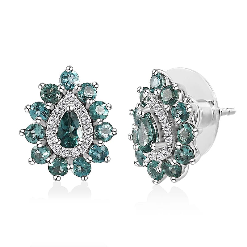 Indian Ocean Apatite and Moissanite Stud Earrings in Platinum Over Sterling Silver 2.35 ctw