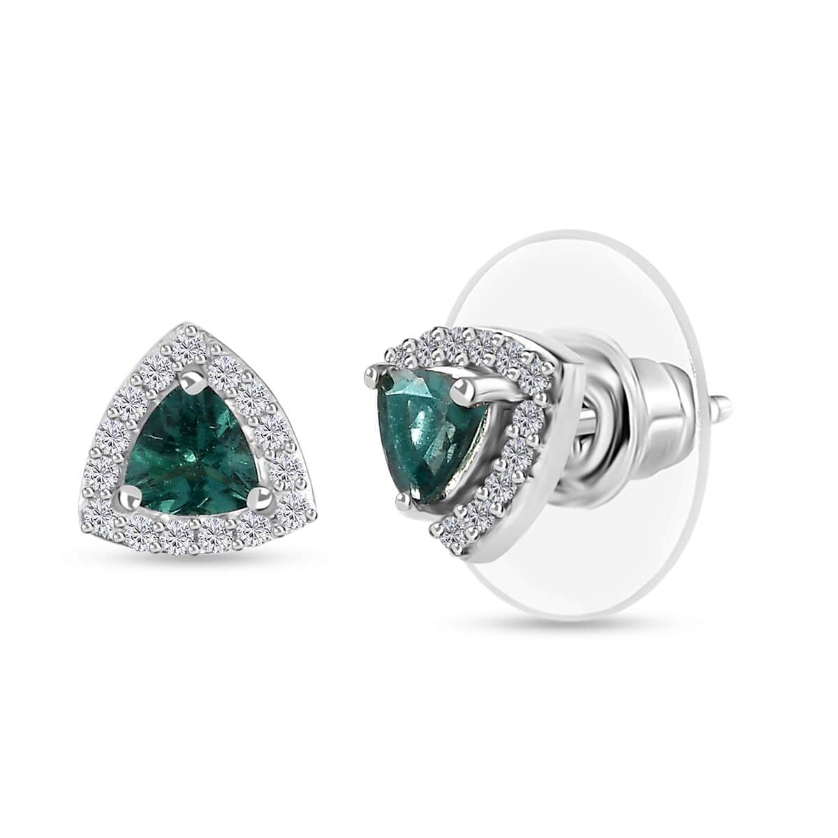 Indian Ocean Apatite and White Zircon Halo Stud Earrings in Platinum Over Sterling Silver 0.80 ctw image number 0