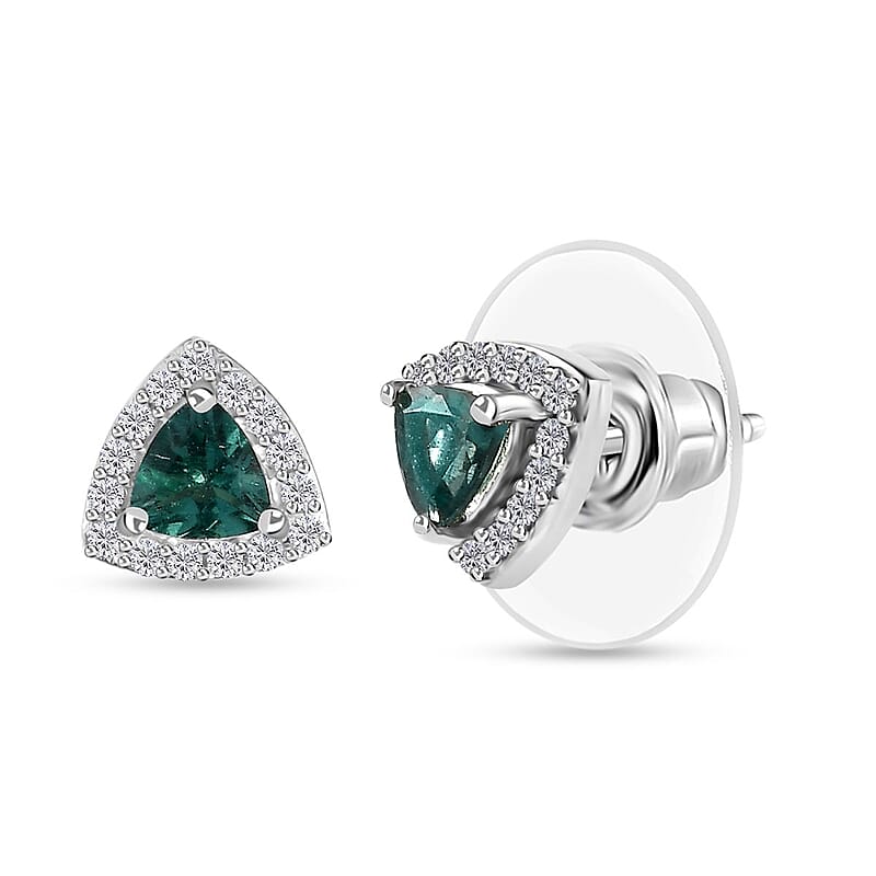 Indian Ocean Apatite and White Zircon Halo Stud Earrings in Platinum Over Sterling Silver 0.80 ctw