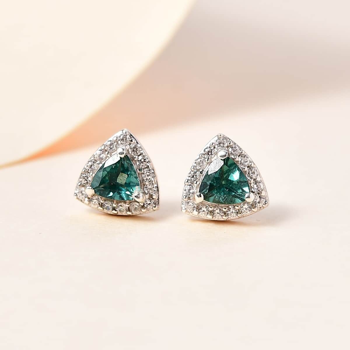 Indian Ocean Apatite and White Zircon Halo Stud Earrings in Platinum Over Sterling Silver 0.80 ctw image number 1