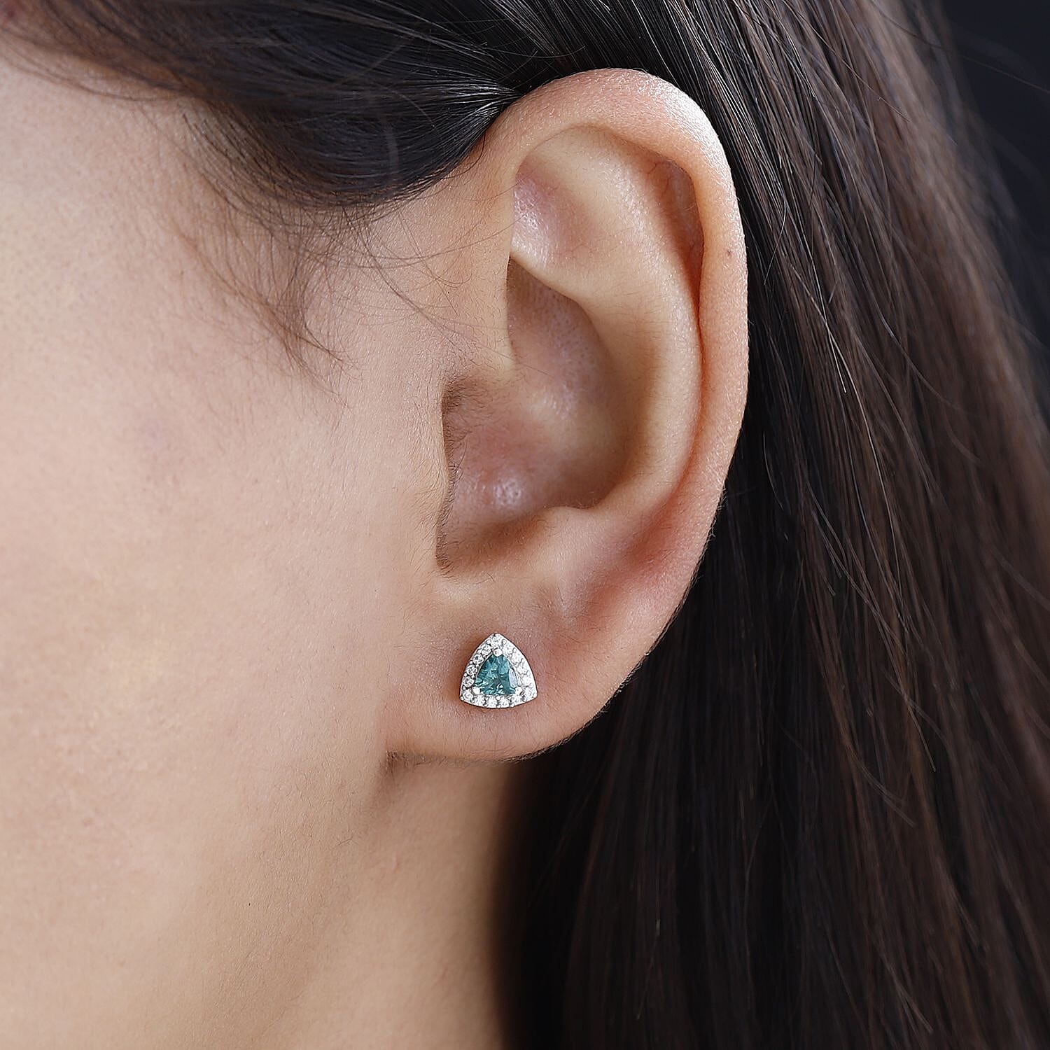Indian Ocean Apatite and White Zircon Halo Stud Earrings in Platinum Over Sterling Silver 0.80 ctw