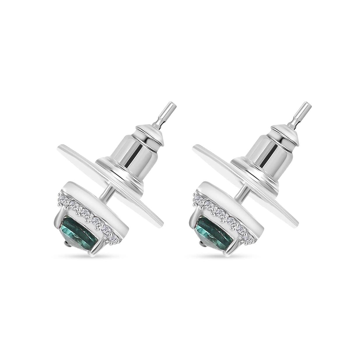 Indian Ocean Apatite and White Zircon Halo Stud Earrings in Platinum Over Sterling Silver 0.80 ctw image number 3