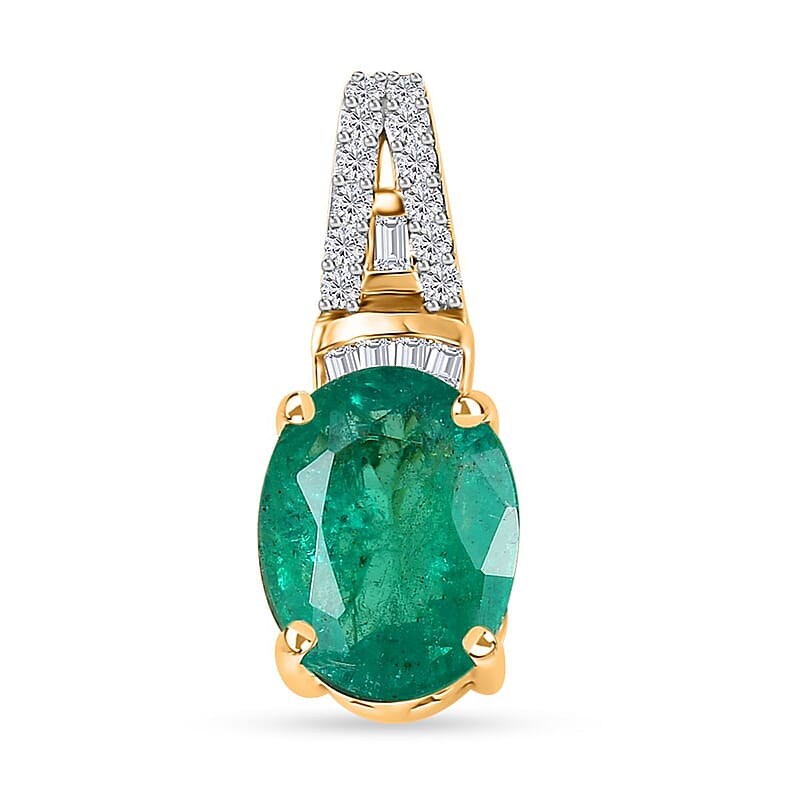 Iliana 18K Yellow Gold AAA Kagem Zambian Emerald and G-H SI Diamond Pendant without Chain 1.80 ctw