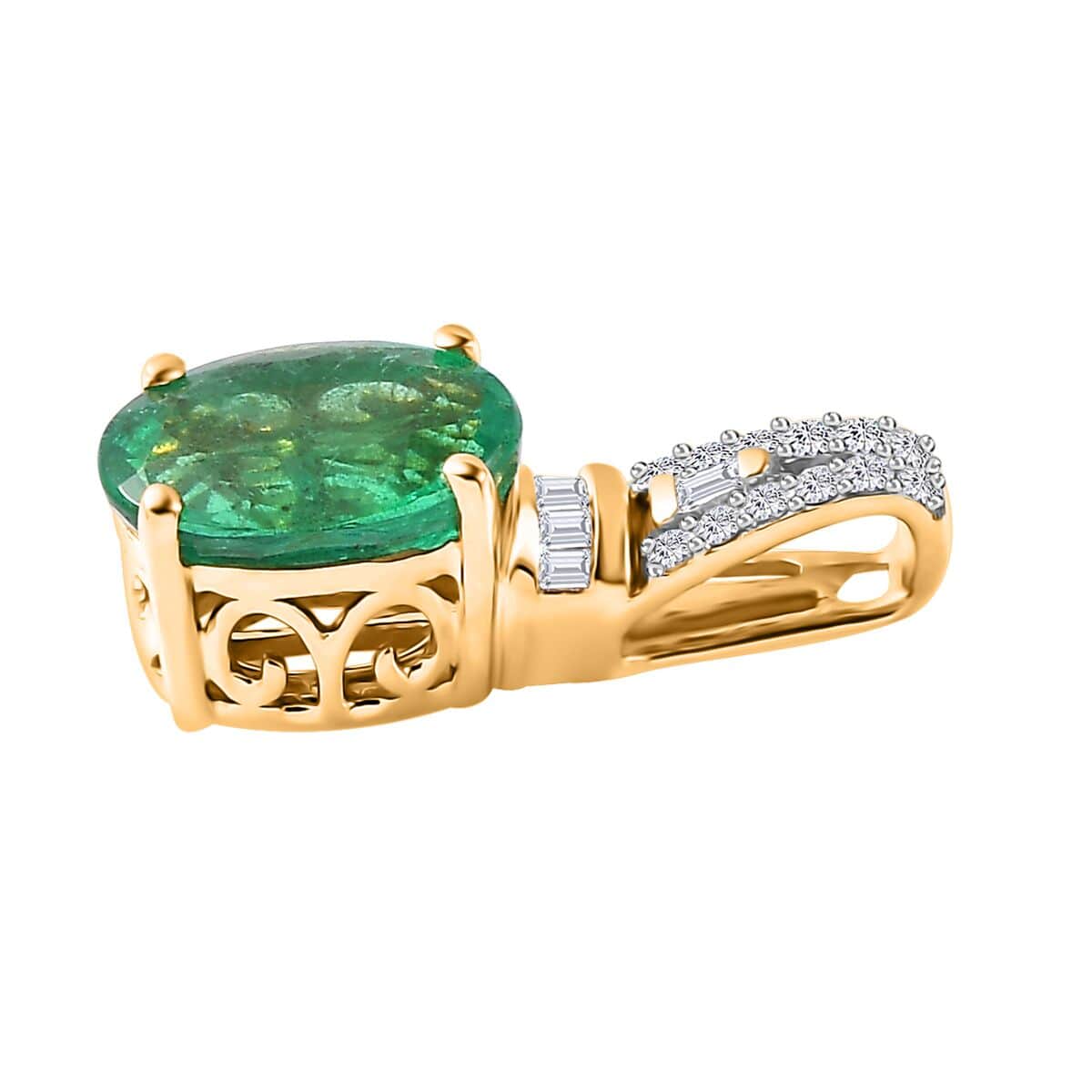 Iliana 18K Yellow Gold AAA Kagem Zambian Emerald and G-H SI Diamond Pendant 1.80 ctw image number 3