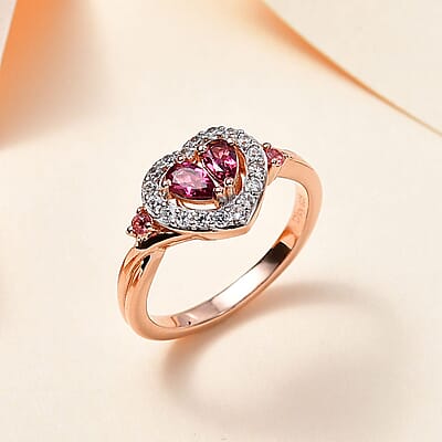 Ofiki Rubellite and Multi Gemstone Heart Ring in Vermeil Rose Gold Over Sterling Silver (Size 10.0) 0.75 ctw