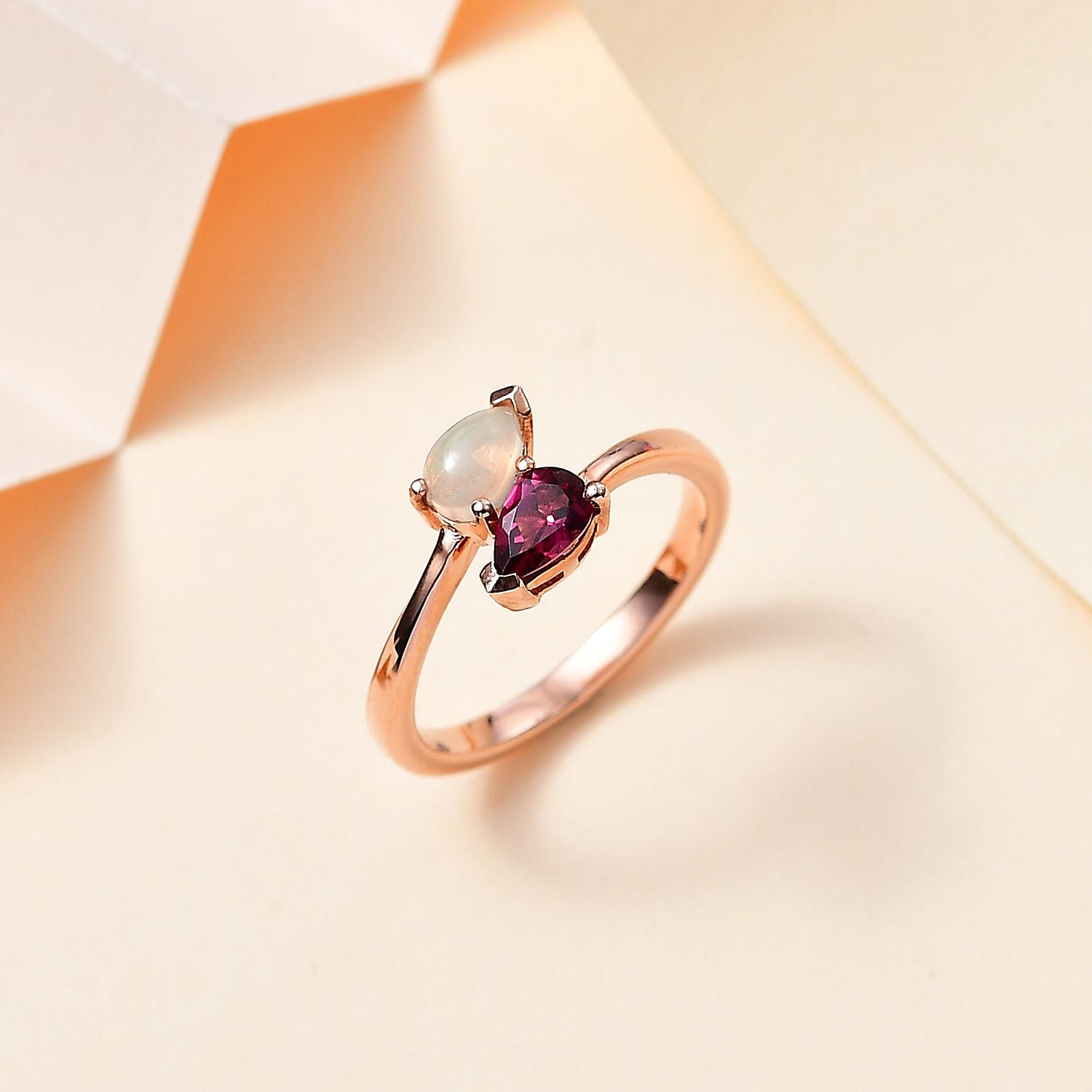 Ofiki Rubellite and Ethiopian Welo Opal Bypass Ring in Vermeil Rose Gold Over Sterling Silver (Size 10.0) 0.35 ctw