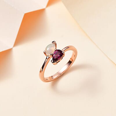 Ofiki Rubellite and Ethiopian Welo Opal Bypass Ring in Vermeil Rose Gold Over Sterling Silver (Size 10.0) 0.35 ctw