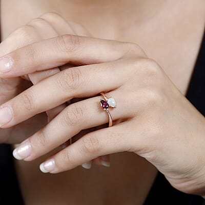 Ofiki Rubellite and Ethiopian Welo Opal Bypass Ring in Vermeil Rose Gold Over Sterling Silver (Size 10.0) 0.35 ctw