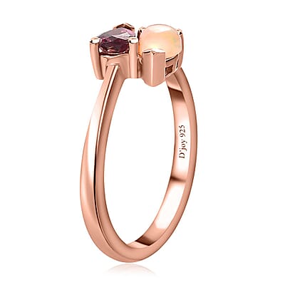 Ofiki Rubellite and Ethiopian Welo Opal Bypass Ring in Vermeil Rose Gold Over Sterling Silver (Size 10.0) 0.35 ctw