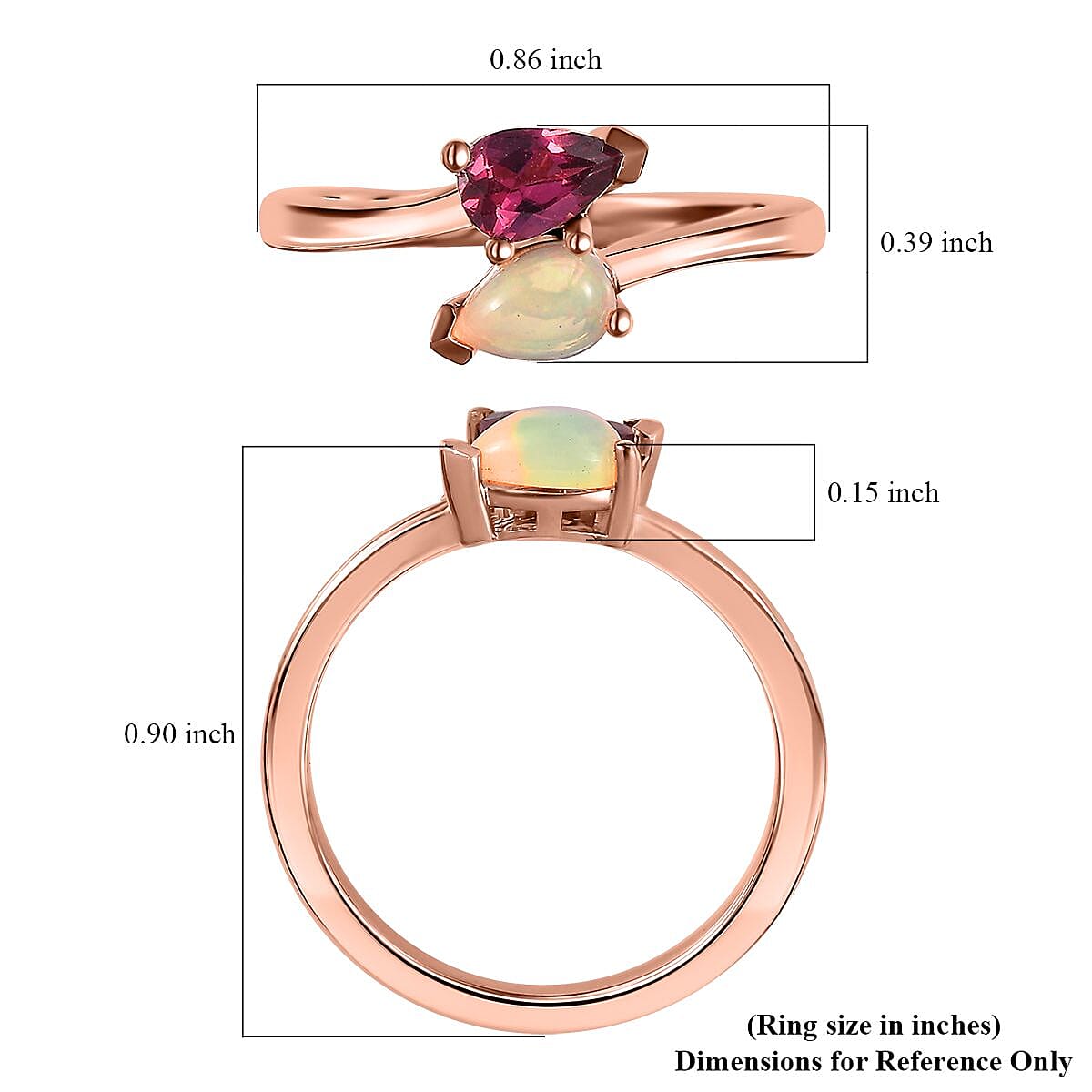 Ofiki Rubellite and Ethiopian Welo Opal Bypass Ring in Vermeil Rose Gold Over Sterling Silver (Size 10.0) 0.35 ctw