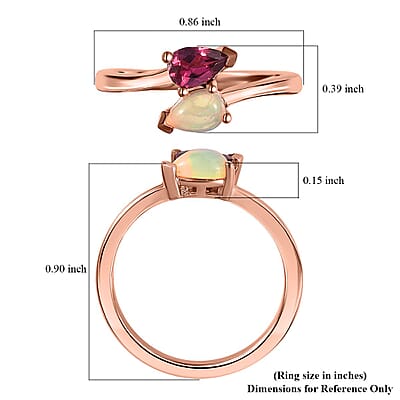 Ofiki Rubellite and Ethiopian Welo Opal Bypass Ring in Vermeil Rose Gold Over Sterling Silver (Size 10.0) 0.35 ctw
