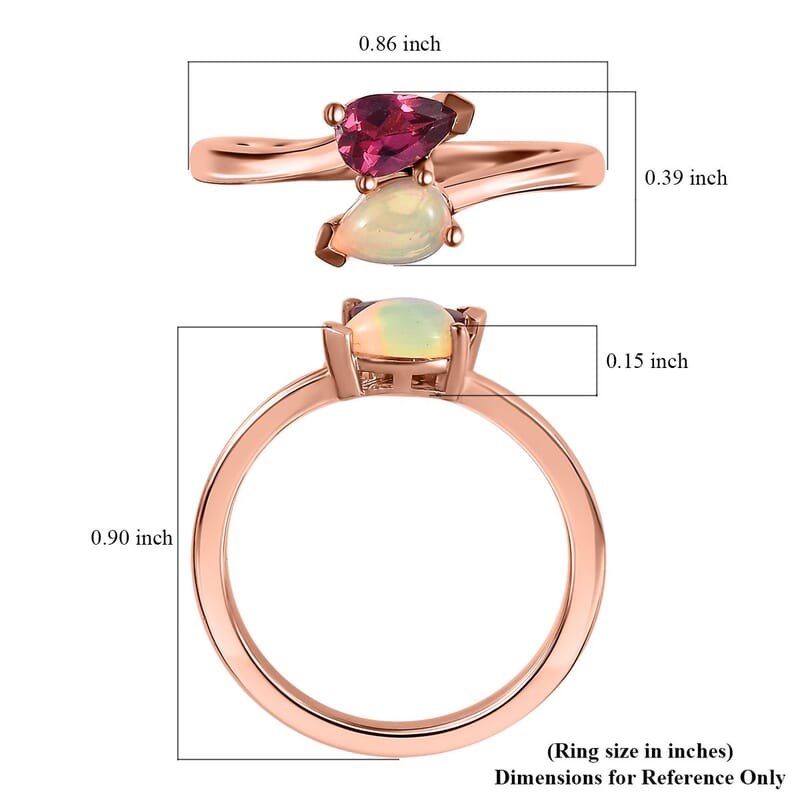 Ofiki Rubellite and Ethiopian Welo Opal Bypass Ring in Vermeil Rose Gold Over Sterling Silver (Size 10.0) 0.35 ctw
