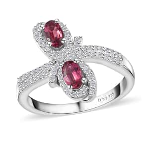 Ofiki Rubellite and White Zircon Bow Ring in Platinum Over Sterling Silver (Size 10.0) 1.00 ctw