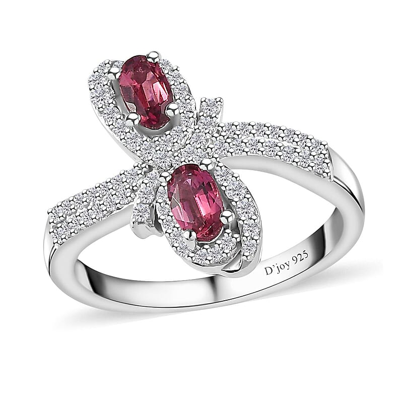 Ofiki Rubellite and White Zircon Bow Ring in Platinum Over Sterling Silver (Size 10.0) 1.00 ctw