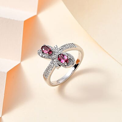 Ofiki Rubellite and White Zircon Bow Ring in Platinum Over Sterling Silver (Size 10.0) 1.00 ctw