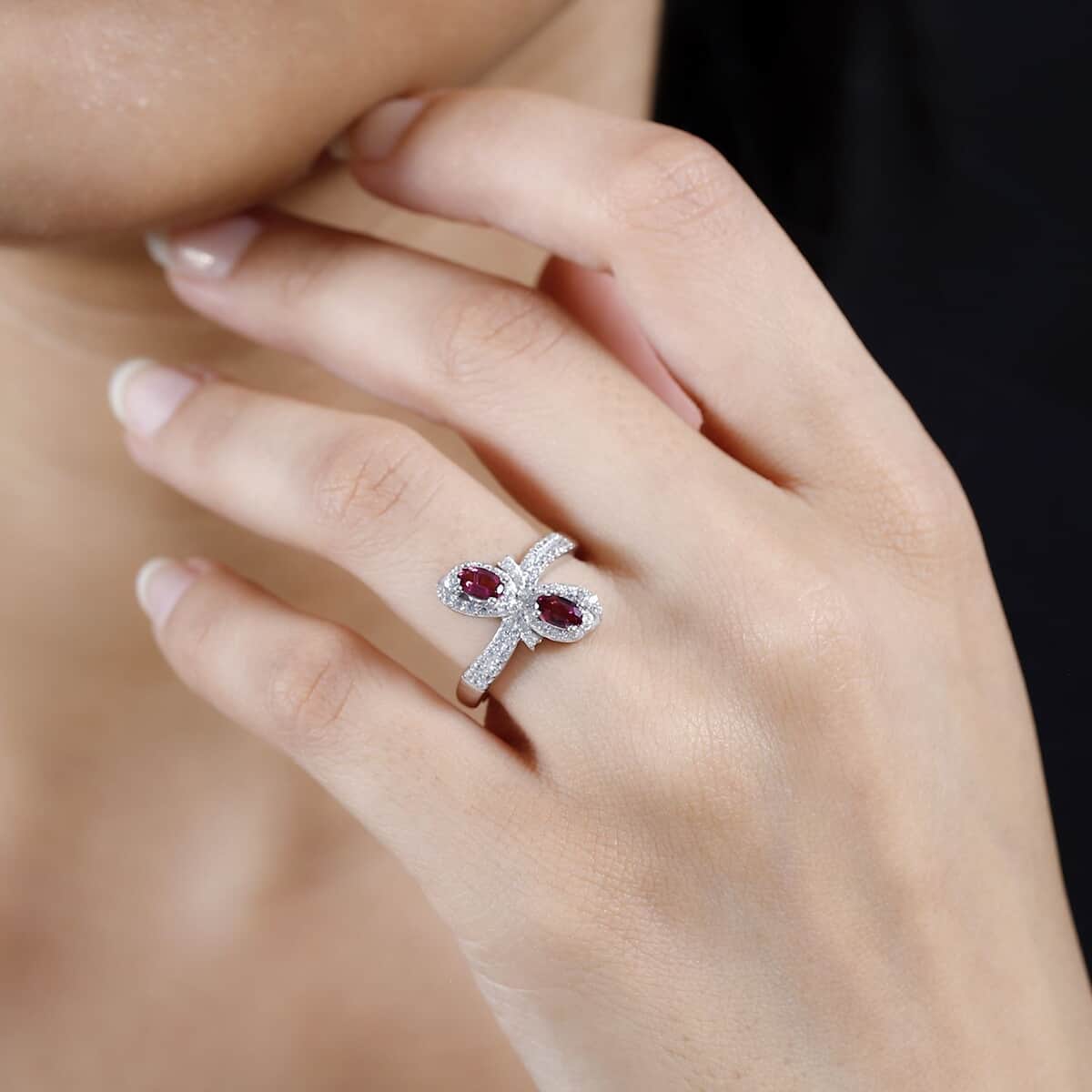Ofiki Rubellite and White Zircon Bow Ring in Platinum Over Sterling Silver (Size 10.0) 1.00 ctw image number 2