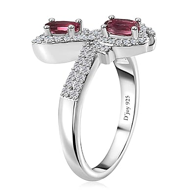 Ofiki Rubellite and White Zircon Bow Ring in Platinum Over Sterling Silver (Size 10.0) 1.00 ctw