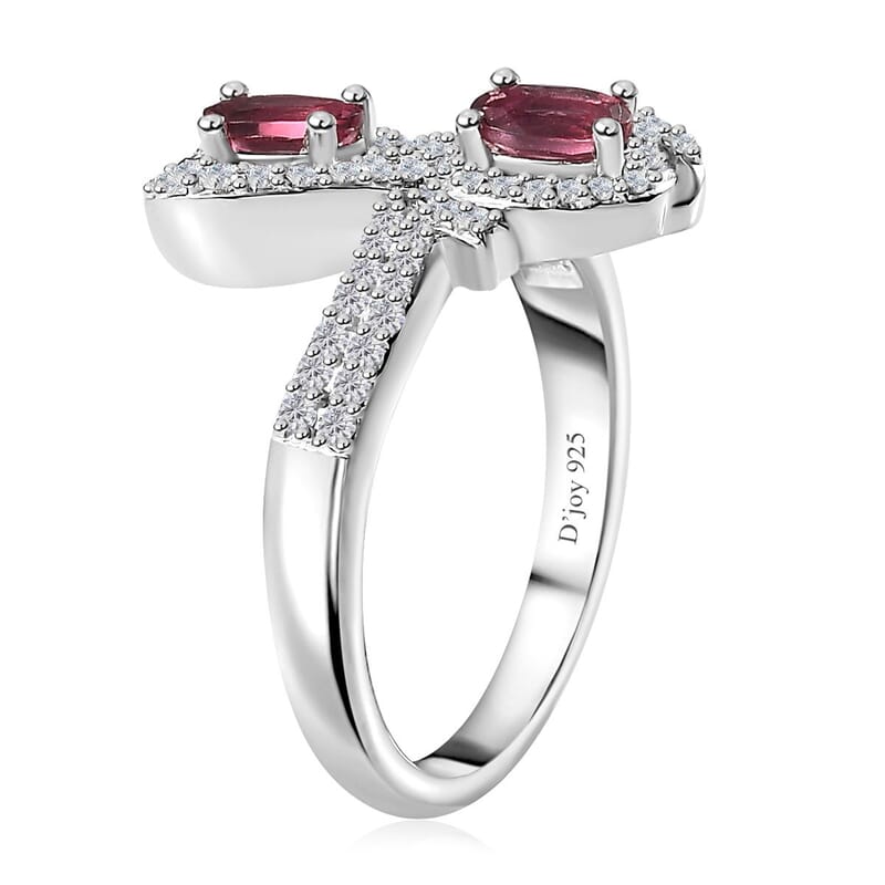 Ofiki Rubellite and White Zircon Bow Ring in Platinum Over Sterling Silver (Size 10.0) 1.00 ctw