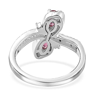 Ofiki Rubellite and White Zircon Bow Ring in Platinum Over Sterling Silver (Size 10.0) 1.00 ctw
