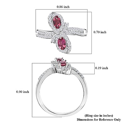 Ofiki Rubellite and White Zircon Bow Ring in Platinum Over Sterling Silver (Size 10.0) 1.00 ctw