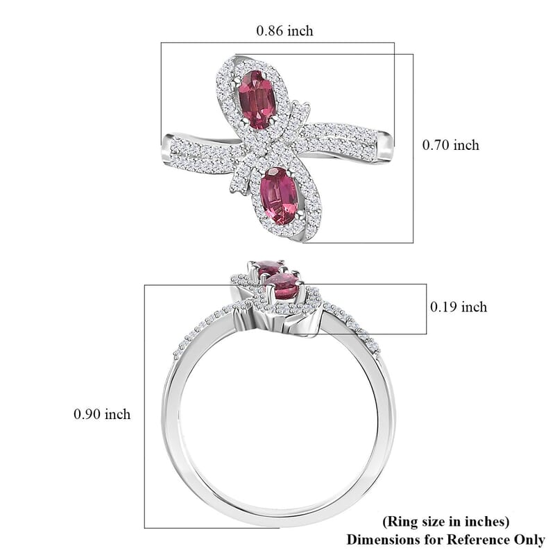 Ofiki Rubellite and White Zircon Bow Ring in Platinum Over Sterling Silver (Size 10.0) 1.00 ctw