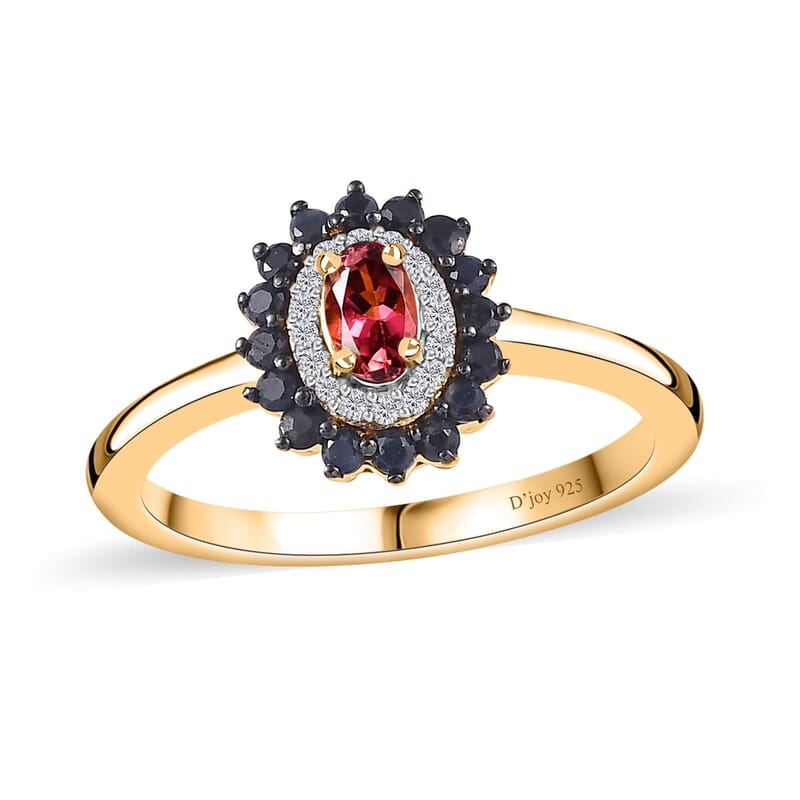 Ofiki Rubellite and Multi Gemstone Double Halo Ring in Vermeil Yellow Gold Over Sterling Silver (Size 10.0) 0.65 ctw