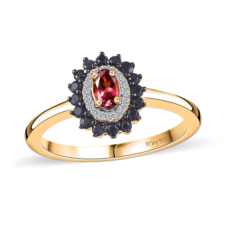 Ofiki Rubellite and Multi Gemstone Double Halo Ring in Vermeil Yellow Gold Over Sterling Silver (Size 10.0) 0.65 ctw