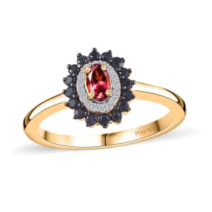 Ofiki Rubellite and Multi Gemstone Double Halo Ring in Vermeil Yellow Gold Over Sterling Silver (Size 10.0) 0.65 ctw (Del. in 8-10 Days)